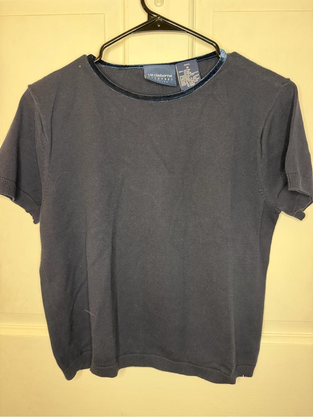 Liz Claiborne Lizsport Petite Women's PM Navy Solid Knit Crew Neck SS Top